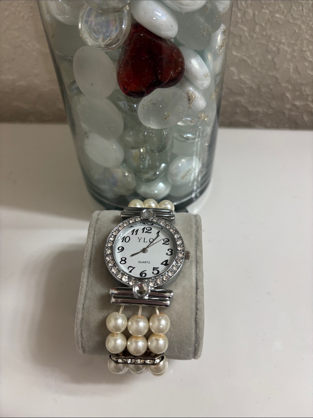 Macy's Pearl Beaded Silver-Tone Women's Watch - White